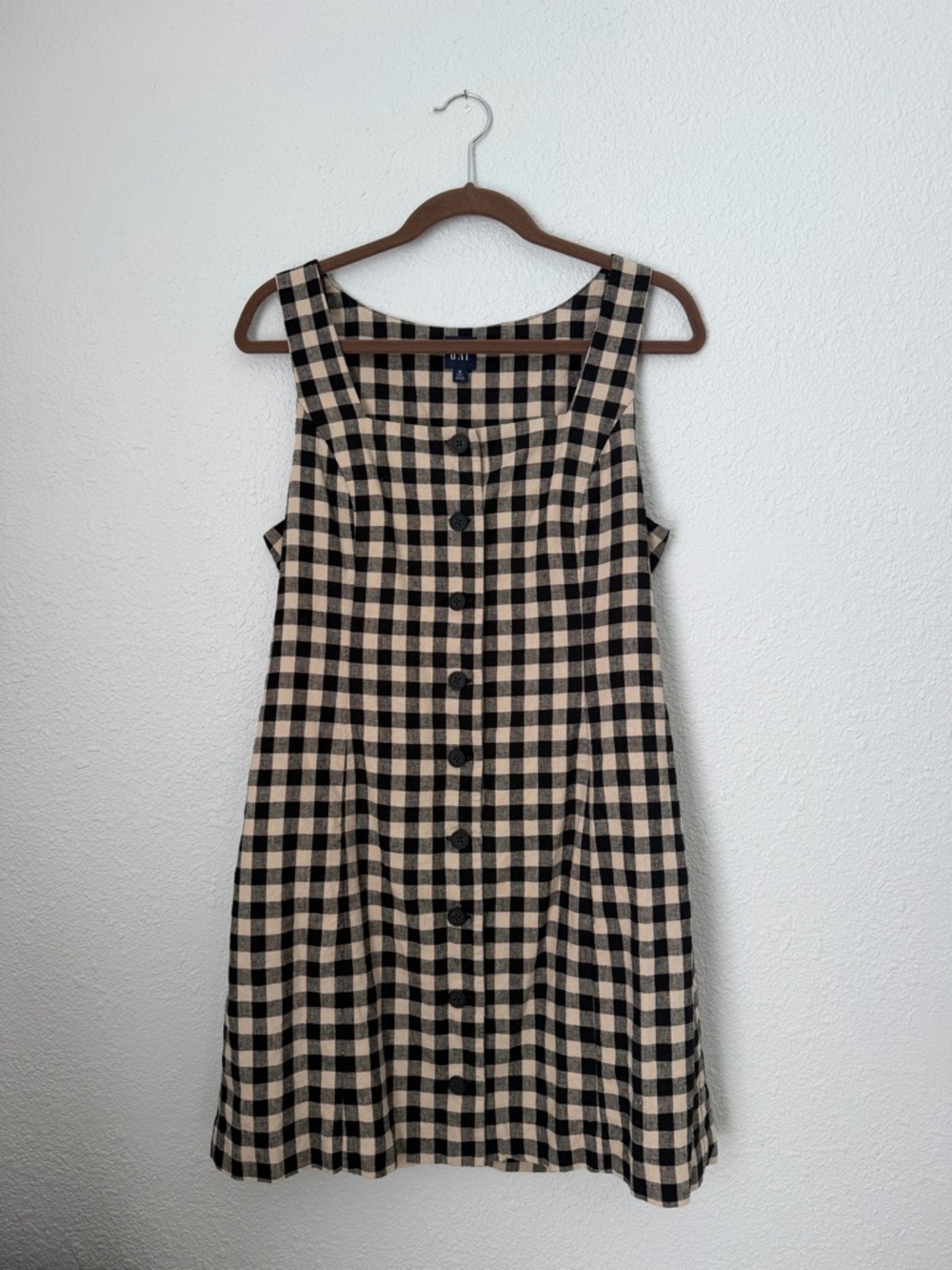 GAP Linen Blend Gingham Square Neck Button Up Shift Dress | Medium Tall
